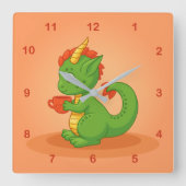 Cute Baby Dragon Holding Cup on Orange スクエア壁時計 (正面)