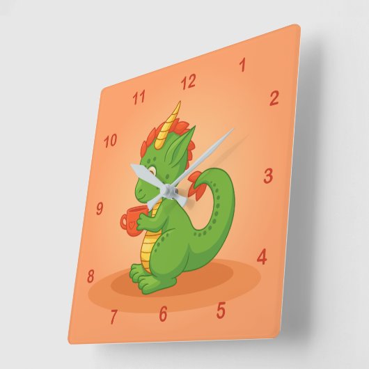 Cute Baby Dragon Holding Cup on Orange スクエア壁時計 (傾斜)