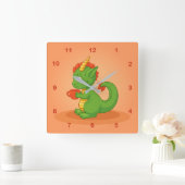 Cute Baby Dragon Holding Cup on Orange スクエア壁時計 (ホーム)