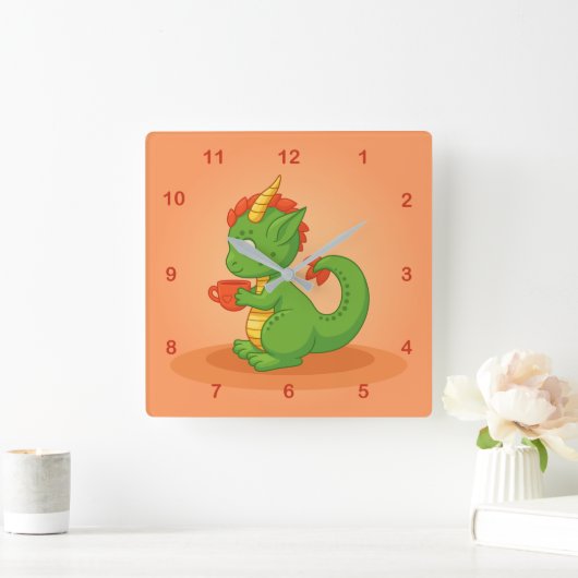 Cute Baby Dragon Holding Cup on Orange スクエア壁時計 (ホーム)