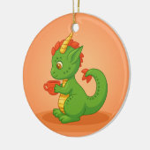 Cute Baby Dragon Holding Cup on Orange セラミックオーナメント (左)