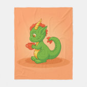 Cute Baby Dragon Holding Cup on Orange フリースブランケット (正面)
