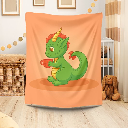 Cute Baby Dragon Holding Cup on Orange フリースブランケット