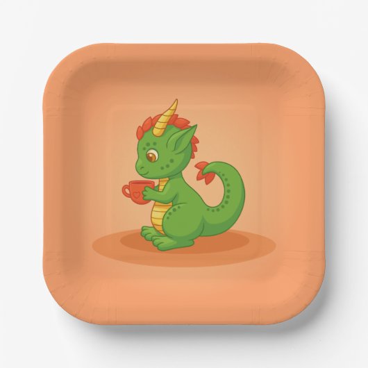 Cute Baby Dragon Holding Cup on Orange ペーパープレート (正面)
