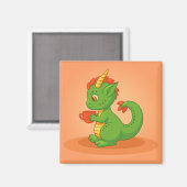 Cute Baby Dragon Holding Cup on Orange マグネット (正面/裏面)