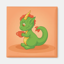 Cute Baby Dragon Holding Cup on Orange マグネット
