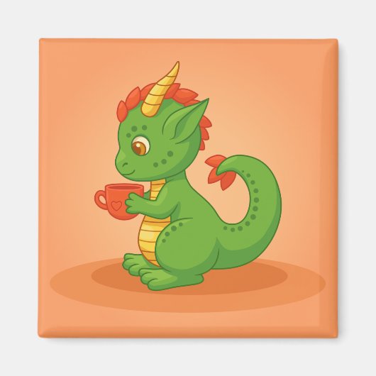 Cute Baby Dragon Holding Cup on Orange マグネット (正面)