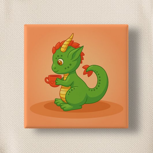 Cute Baby Dragon Holding Cup on Orange 缶バッジ