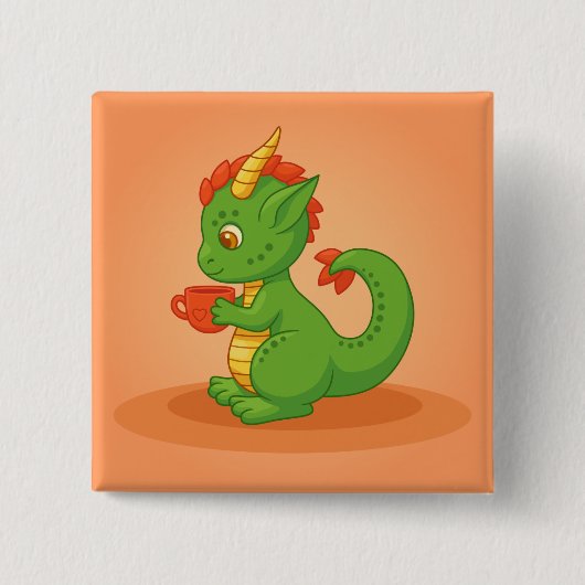 Cute Baby Dragon Holding Cup on Orange 缶バッジ (正面)