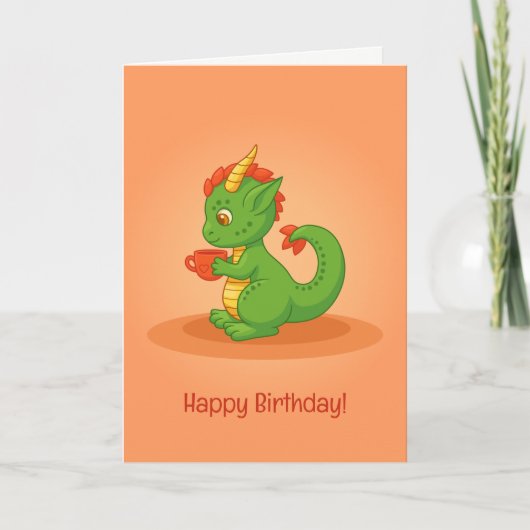 Cute Baby Dragon Holding Cup Orange Birthday Card カード (正面)