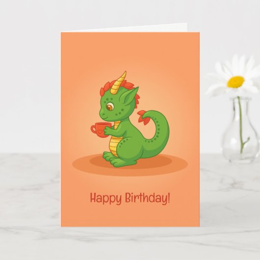 Cute Baby Dragon Holding Cup Orange Birthday Card カード (小さな植物)