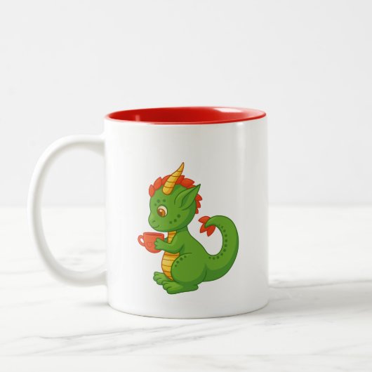 Cute Baby Dragon Holding Cup Two-Tone Mug ツートーンマグカップ (左)