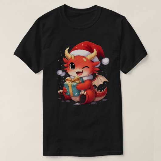 Cute Baby Dragon Holding Gift – Funny Fantasy T-Sh Tシャツ (デザイン正面)