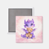 Cute Baby Dragon Hugging Teddy Bear Square Magnet マグネット (正面/裏面)