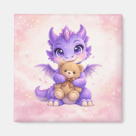 Cute Baby Dragon Hugging Teddy Bear Square Magnet マグネット