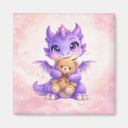 Cute Baby Dragon Hugging Teddy Bear Square Magnet マグネット (正面)