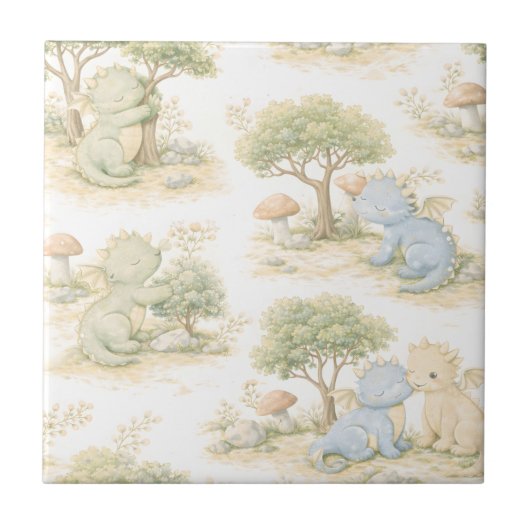 Cute Baby Dragon Pastel Woodland Pattern (2) タイル (正面)