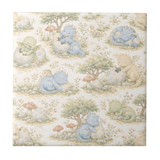 Cute Baby Dragon Pastel Woodland Pattern (3) タイル (正面)