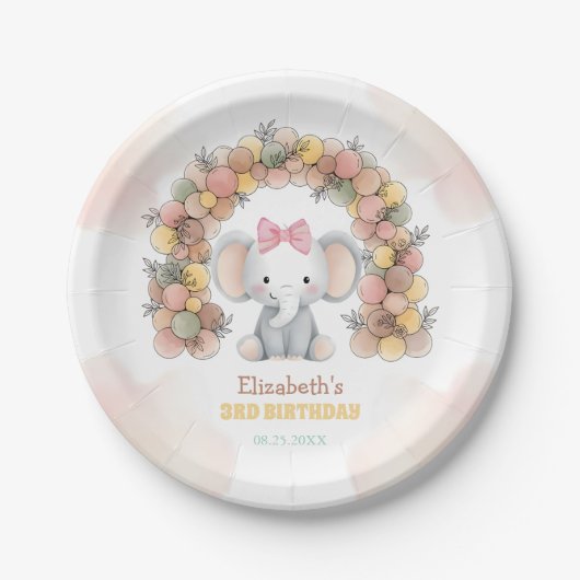 Cute Baby Elephant Balloon Arch Birthday  ペーパープレート (正面)