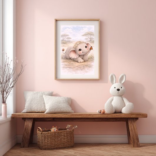 Cute Baby Elephant & Butterfly Nursery Room Kids ポスター