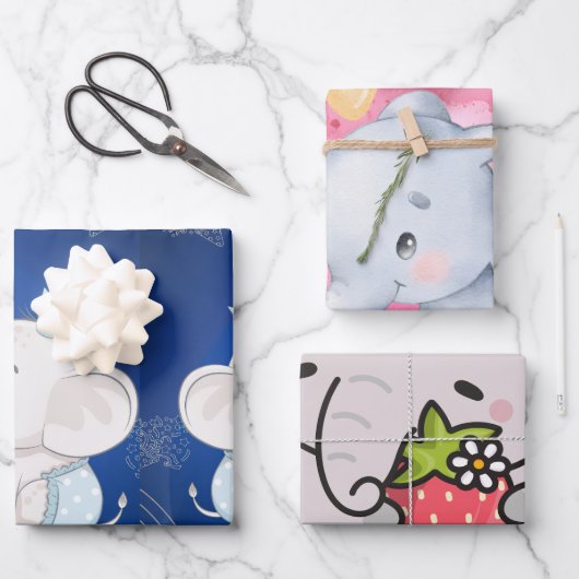 Cute Baby Elephant First Birthday ラッピングペーパーシート (正面)