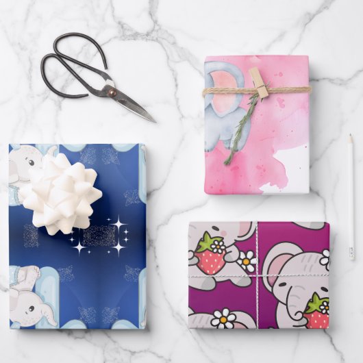 Cute Baby Elephant First Birthday ラッピングペーパーシート (正面)
