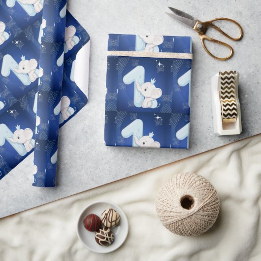 Cute Baby Elephant First Birthday ラッピングペーパー (クラフト)