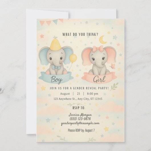 Cute Baby Elephant Gender Reveal Invitation 招待状 (正面)