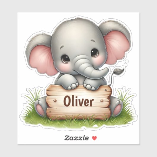 Cute Baby Elephant Holding a Name Sign シール (シート)