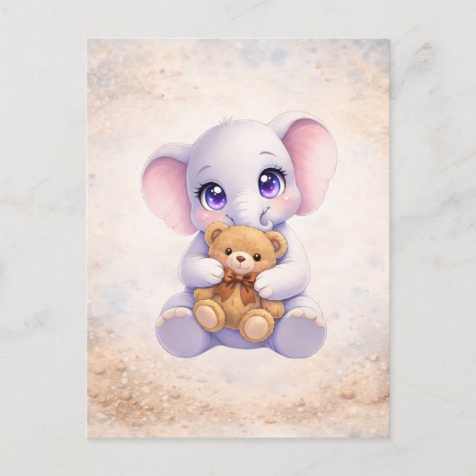 Cute Baby Elephant Hugging Teddy Bear Postcard ポストカード (正面)