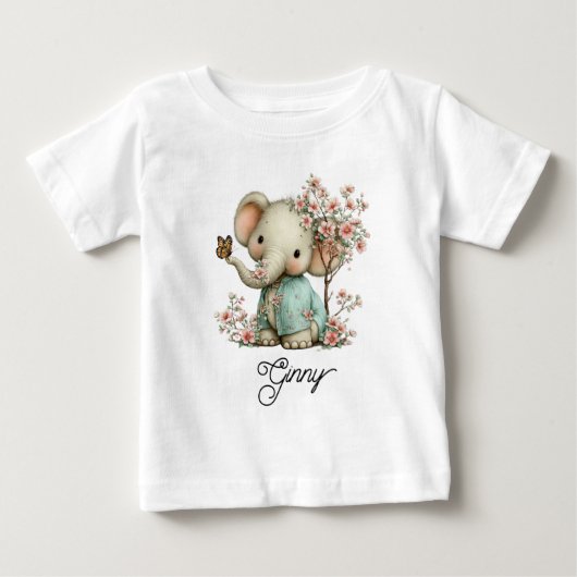 Cute Baby Elephant in Cherry Blossoms ベビーTシャツ (正面)