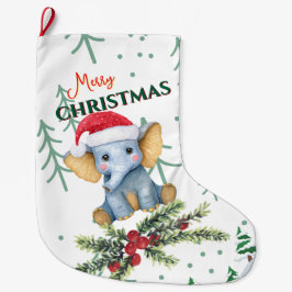 Cute Baby Elephant in Red Santa Hat ラージクリスマスストッキング