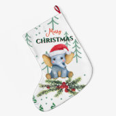Cute Baby Elephant in Red Santa Hat ラージクリスマスストッキング (裏面 (吊り時))