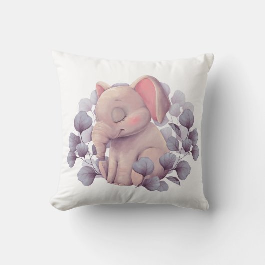 Cute Baby Elephant Sleeping with Leaves クッション (正面)