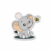 Cute Baby Elephant with Bee Cartoon Vinyl Sticker シール (正面)
