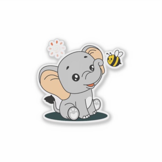 Cute Baby Elephant with Bee Cartoon Vinyl Sticker シール (正面)