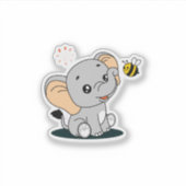 Cute Baby Elephant with Bee Cartoon Vinyl Sticker シール (正面)