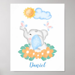Cute Baby Elephant with orange flowers poster ポスター