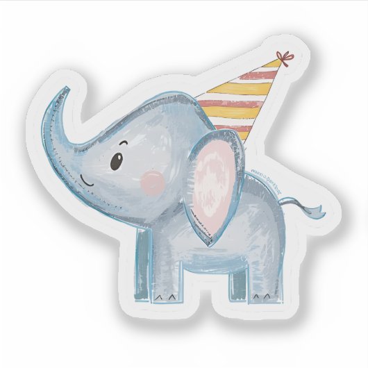 Cute Baby Elephant with Party Hat Birthday Sticker シール (正面)