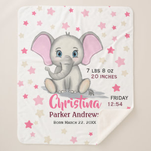 Cute Baby Elephant with Pink Ears Girl Birth Stats シェルパブランケット