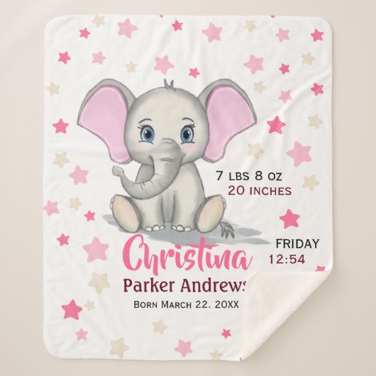 Cute Baby Elephant with Pink Ears Girl Birth Stats シェルパブランケット (正面)