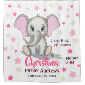 Cute Baby Elephant with Pink Ears Girl Birth Stats シャワーカーテン (正面)