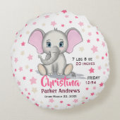 Cute Baby Elephant with Pink Ears Girl Birth Stats ラウンドクッション (裏面)
