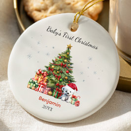 Cute baby first Christmas tree presents teddy bear セラミックオーナメント