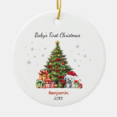 Cute baby first Christmas tree presents teddy bear セラミックオーナメント (正面)