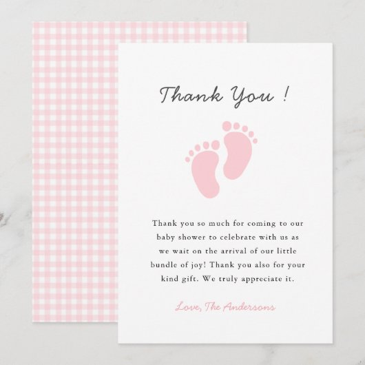 Cute Baby footprint  Baby girl shower サンキューカード (正面/裏面)