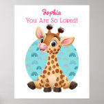 Cute Baby Giraffe Art, Child's Name & Message ポスター<br><div class="desc">Decorate your child's room with cute baby giraffe art with personalized name and message.</div>