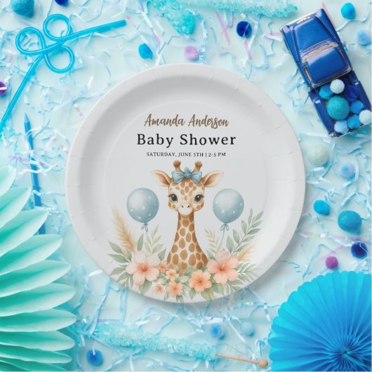 Cute Baby Giraffe Boy Baby Shower | Blue Safari ペーパープレート (パーティー)