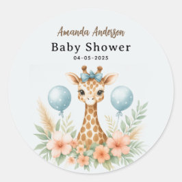Cute Baby Giraffe Boy Baby Shower | Blue Safari ラウンドシール