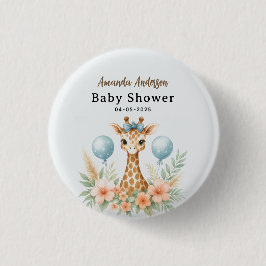 Cute Baby Giraffe Boy Baby Shower | Blue Safari 缶バッジ